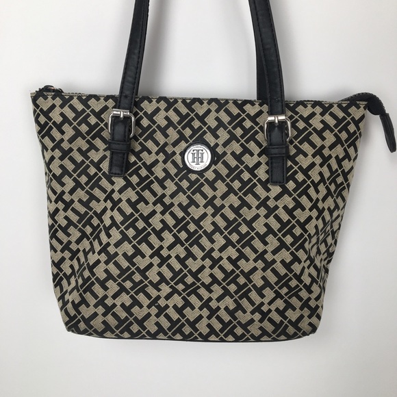 Tommy Hilfiger black tan patterned two strap purse - Picture 3 of 14